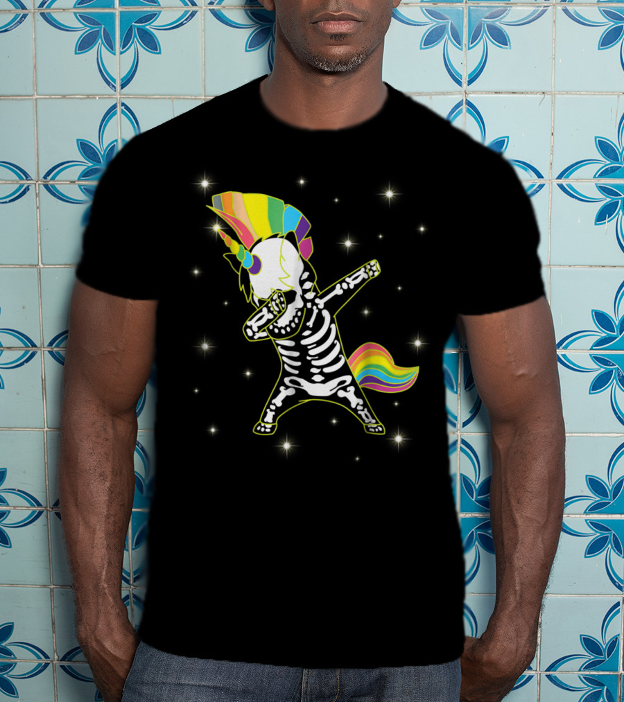 Dabbing Unicorn Skeleton Dad Hip Hop Xray Rainbow Mane Tail Starry Background T-Shirt