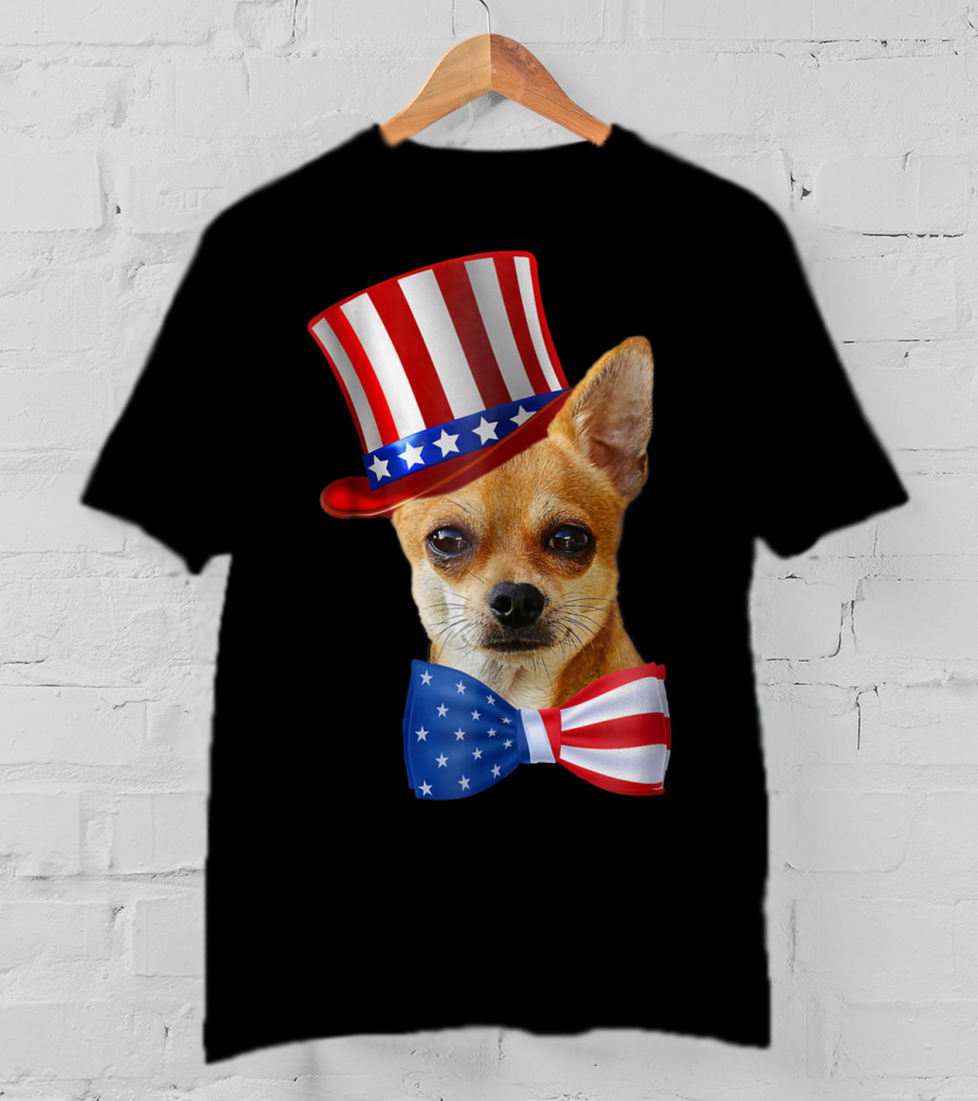 Chihuahua Uncle Sam Hat And Bowtie American Flag T-Shirt