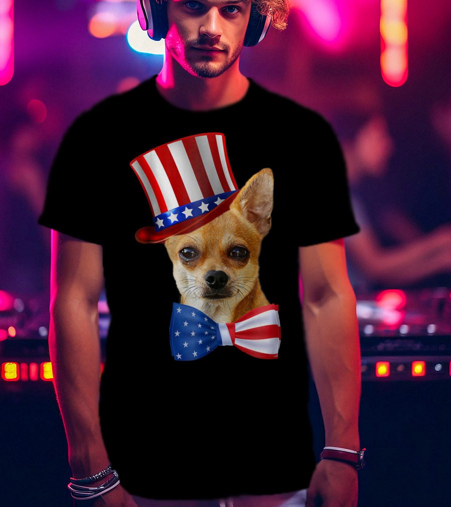 Chihuahua Uncle Sam Hat And Bowtie American Flag T-Shirt