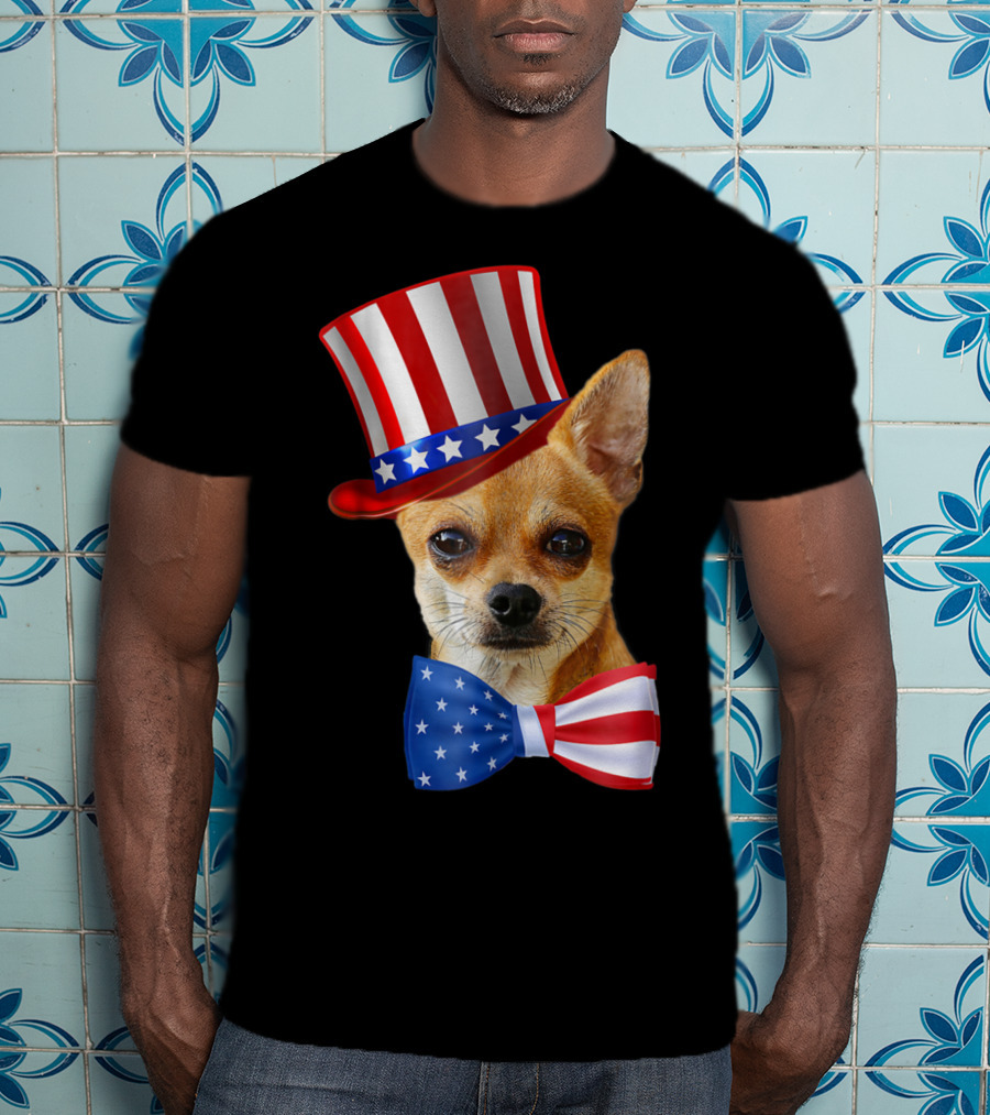 Chihuahua Uncle Sam Hat And Bowtie American Flag T-Shirt