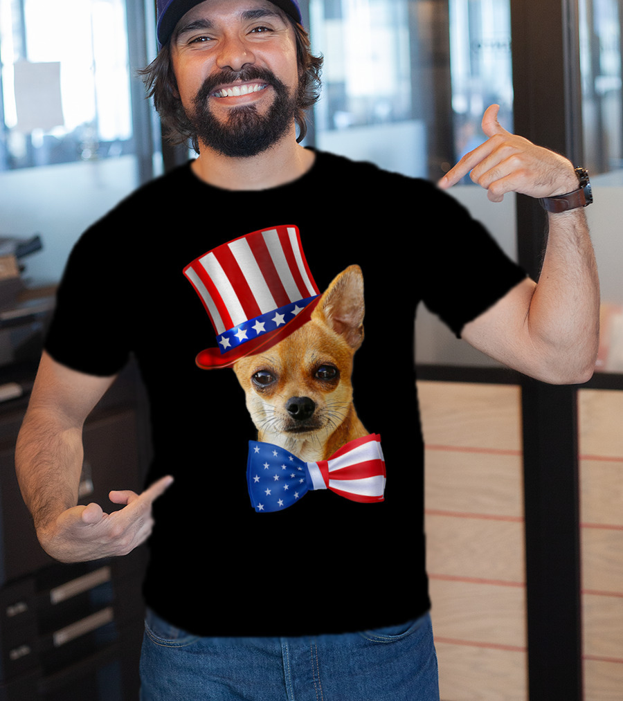 Chihuahua Uncle Sam Hat And Bowtie American Flag T-Shirt