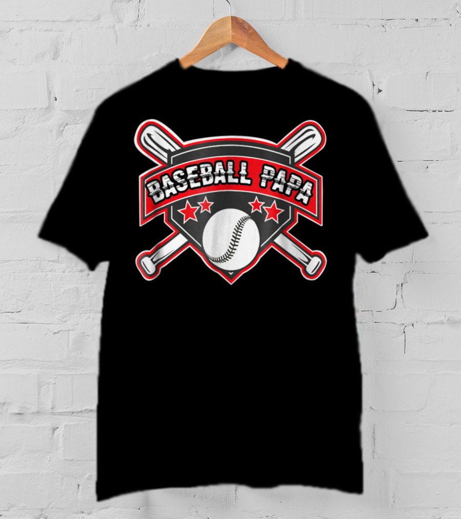Baseball Papa Shield With Crossed Bats And Stars T-Shirt