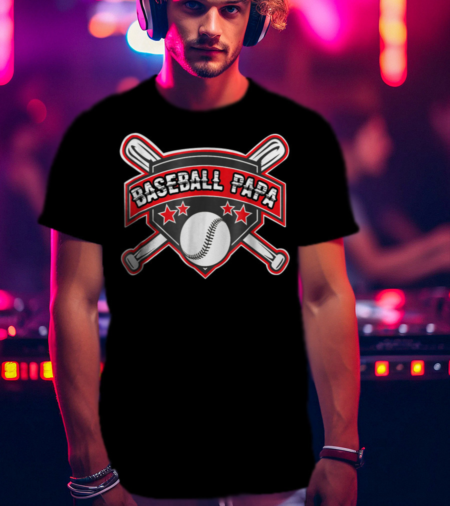 Baseball Papa Shield With Crossed Bats And Stars T-Shirt