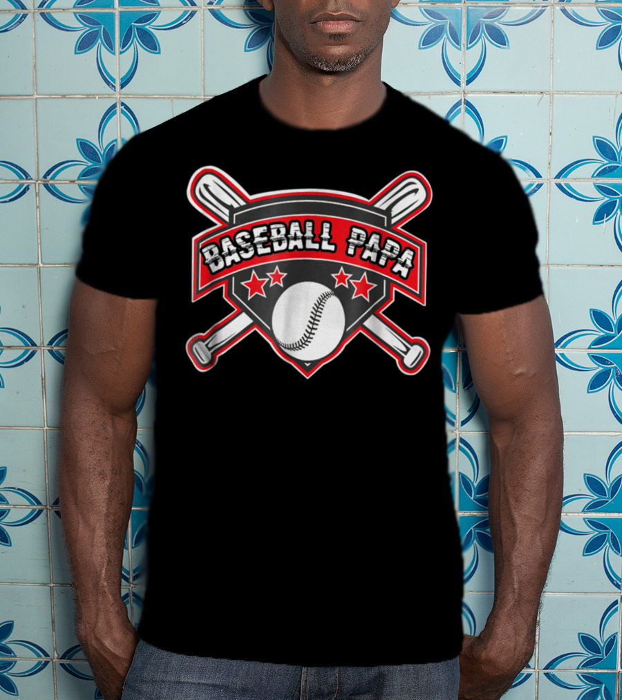 Baseball Papa Shield With Crossed Bats And Stars T-Shirt