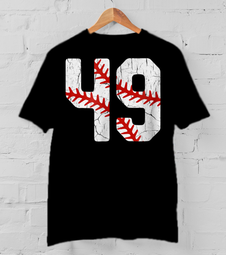 Baseball Player Jersey Number 49 Red Stitching T-Shirt