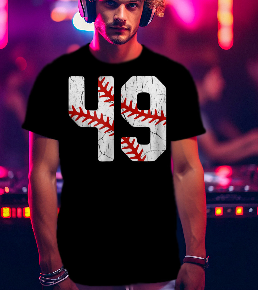 Baseball Player Jersey Number 49 Red Stitching T-Shirt