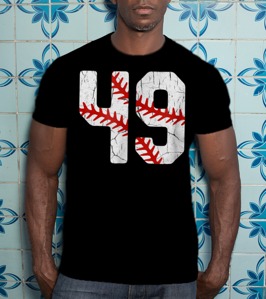 Baseball Player Jersey Number 49 Red Stitching T-Shirt