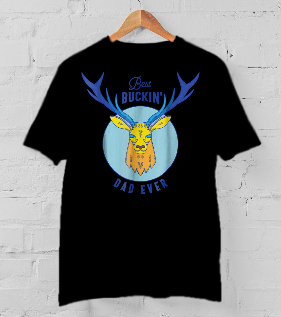 Best Buckin' Dad Ever Deer Hunting Stag Head Blue And Yellow Circle T-Shirt