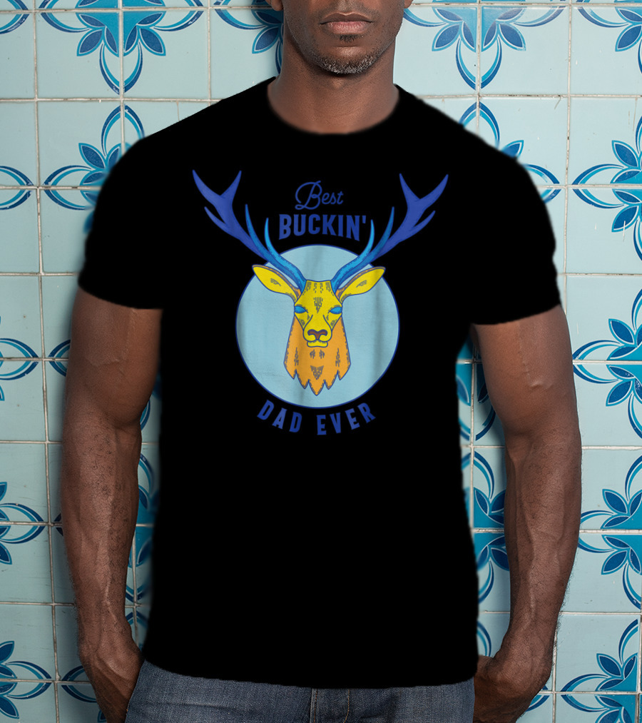 Best Buckin' Dad Ever Deer Hunting Stag Head Blue And Yellow Circle T-Shirt