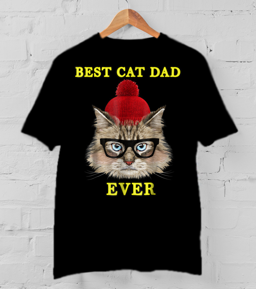 Best Cat Dad Ever Funny Pictoplast91 Red Beanie Glasses Cat T-Shirt