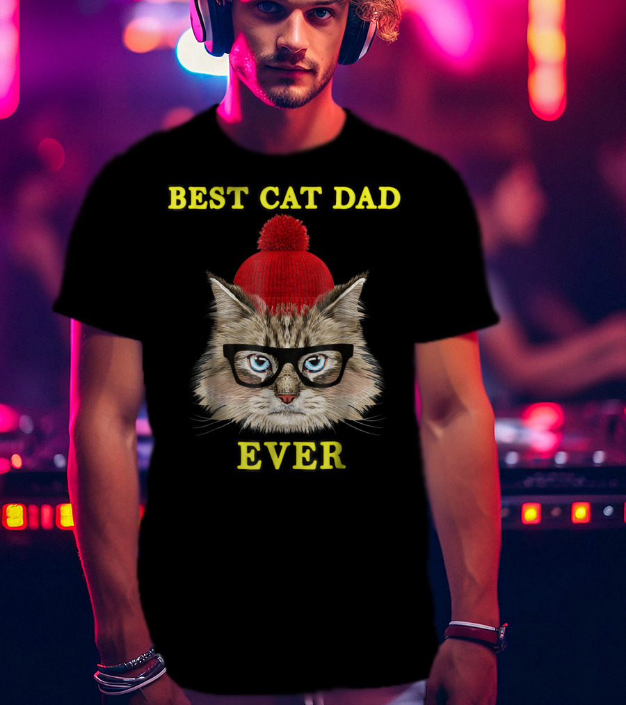 Best Cat Dad Ever Funny Pictoplast91 Red Beanie Glasses Cat T-Shirt