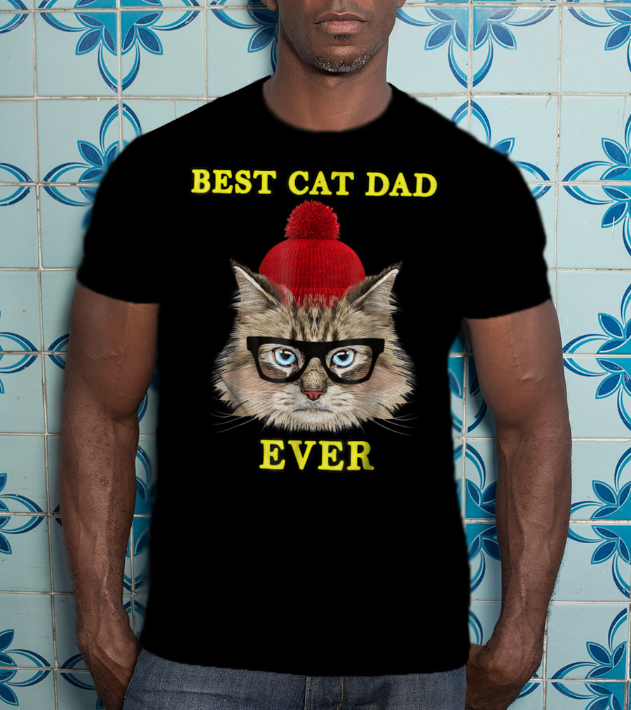 Best Cat Dad Ever Funny Pictoplast91 Red Beanie Glasses Cat T-Shirt