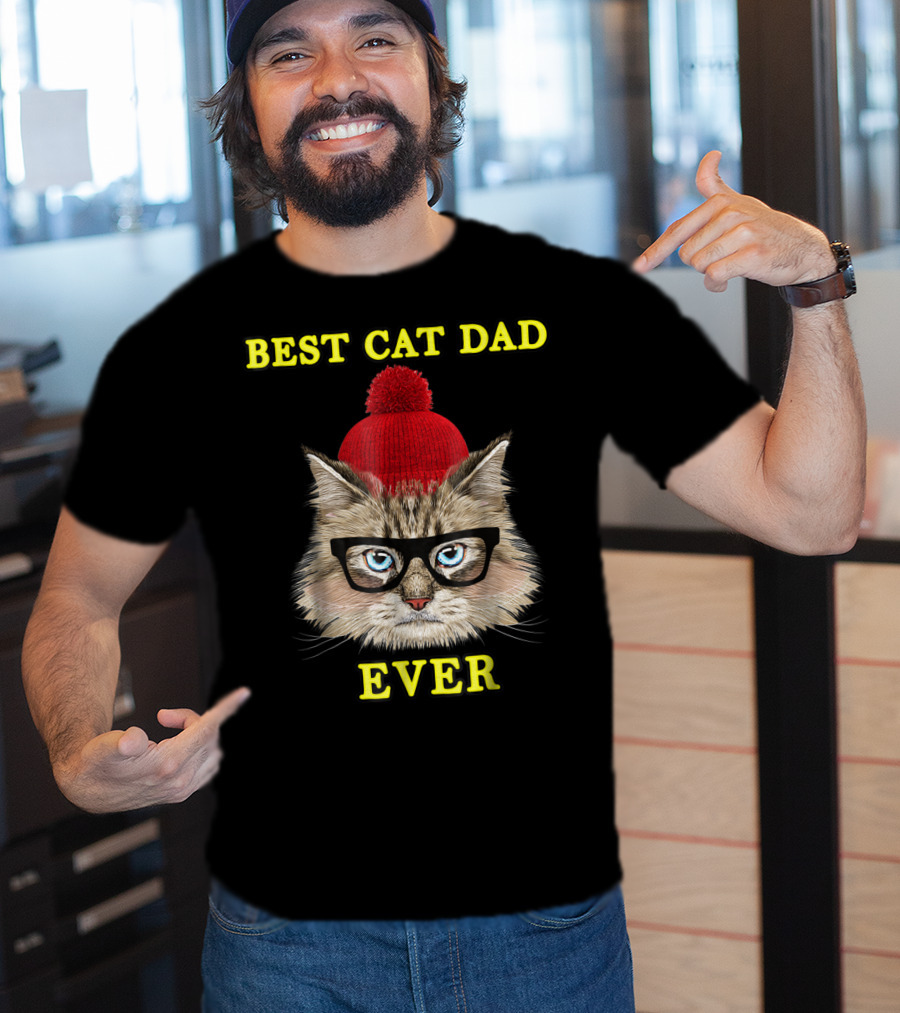 Best Cat Dad Ever Funny Pictoplast91 Red Beanie Glasses Cat T-Shirt