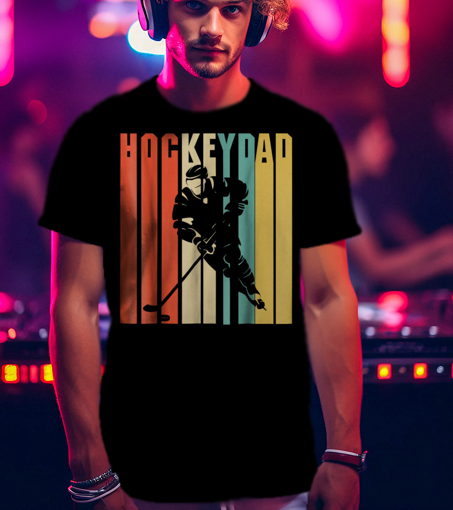 Classic Vintage Hockey Dad Player Silhouette Retro Stripes T-Shirt