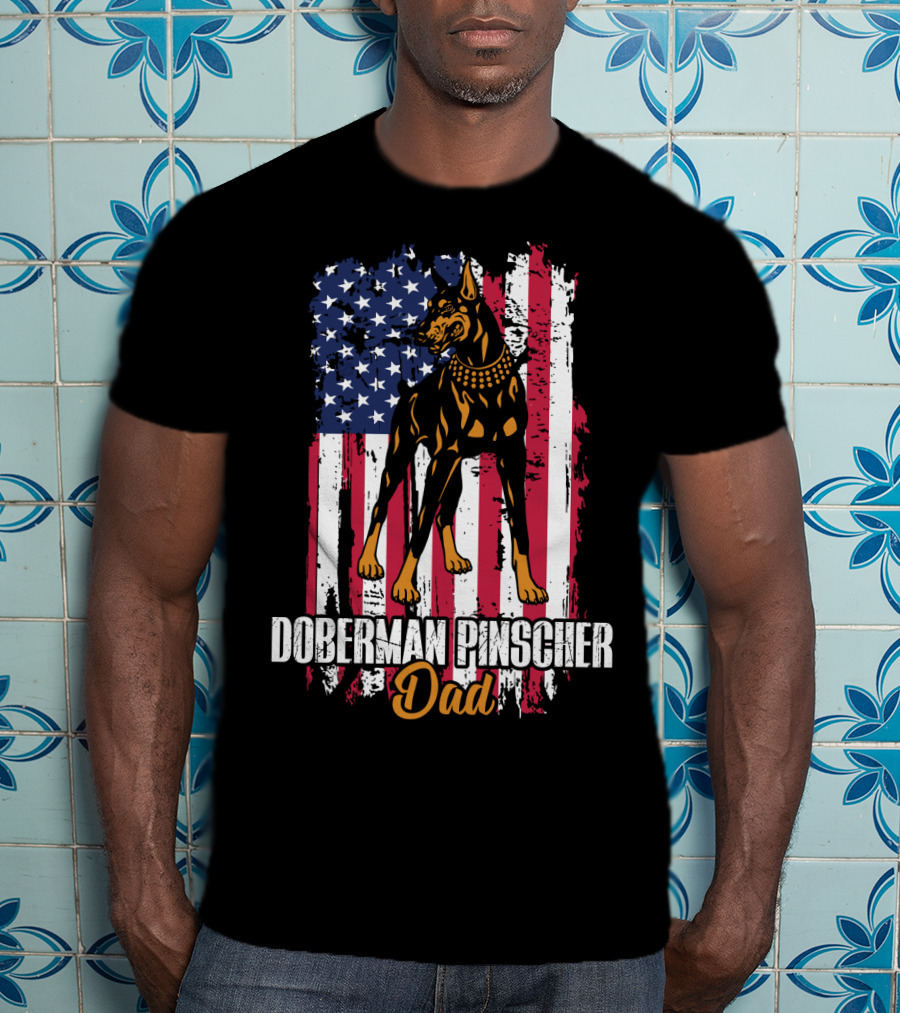 Doberman Pinscher Dad American Flag T-Shirt