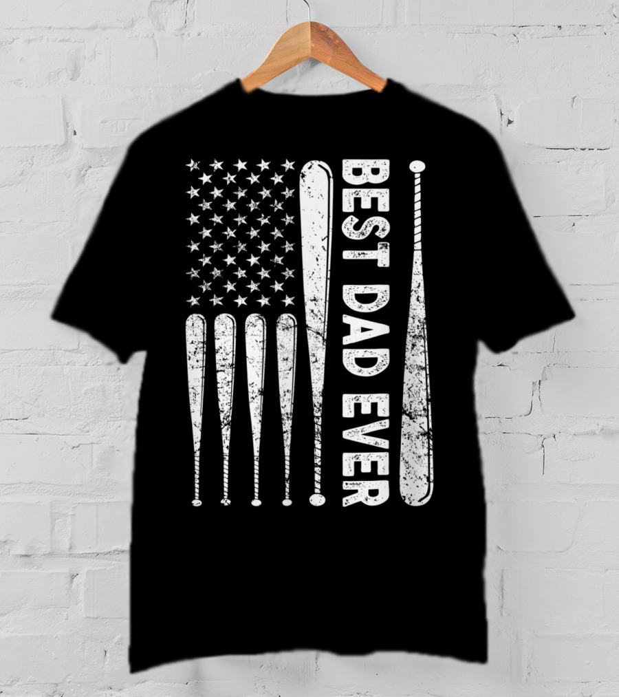 Best Dad Ever American Flag Baseball SoftballUSA T-Shirt
