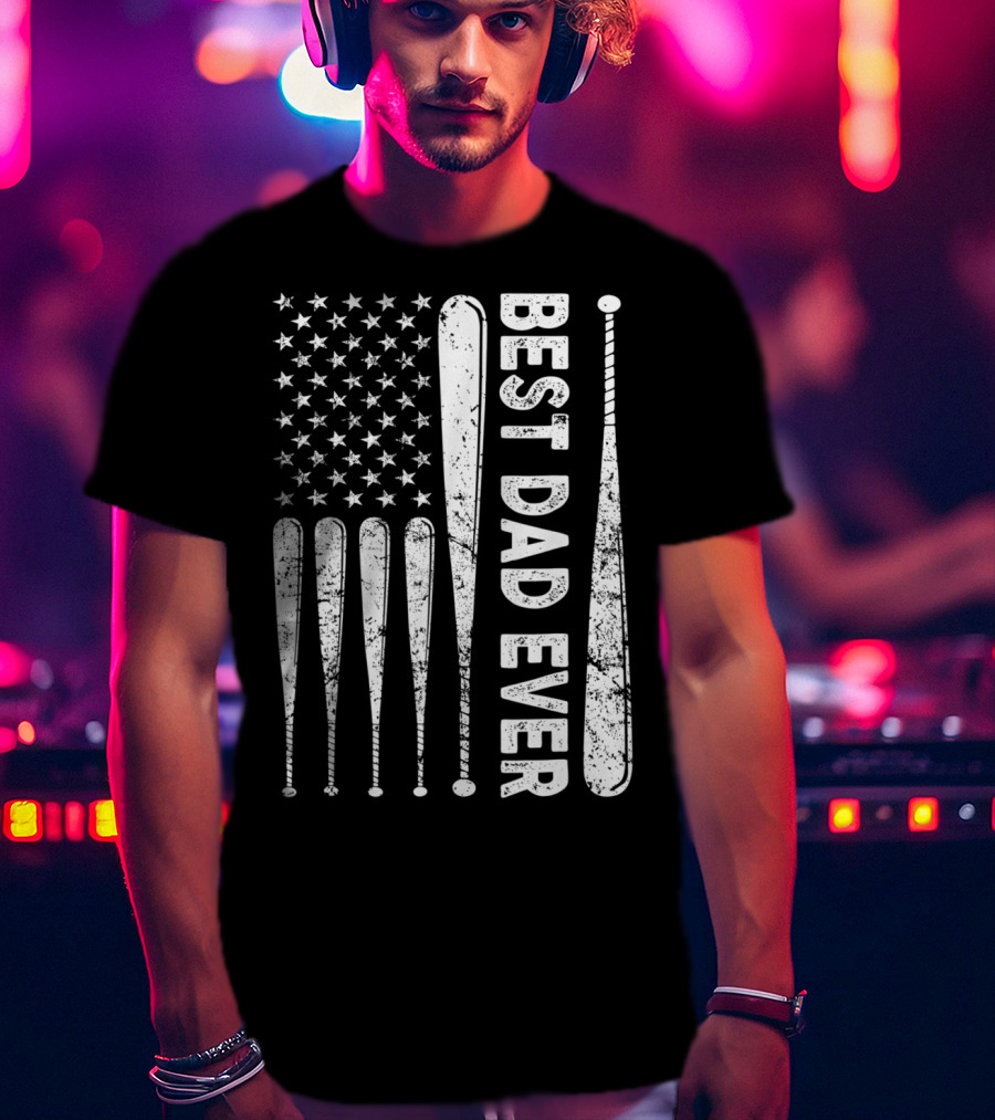Best Dad Ever American Flag Baseball SoftballUSA T-Shirt