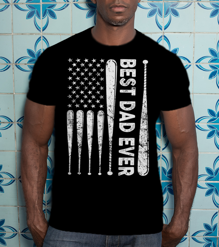 Best Dad Ever American Flag Baseball SoftballUSA T-Shirt