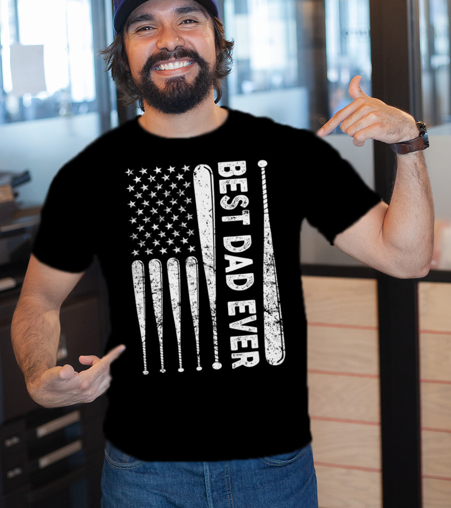 Best Dad Ever American Flag Baseball SoftballUSA T-Shirt