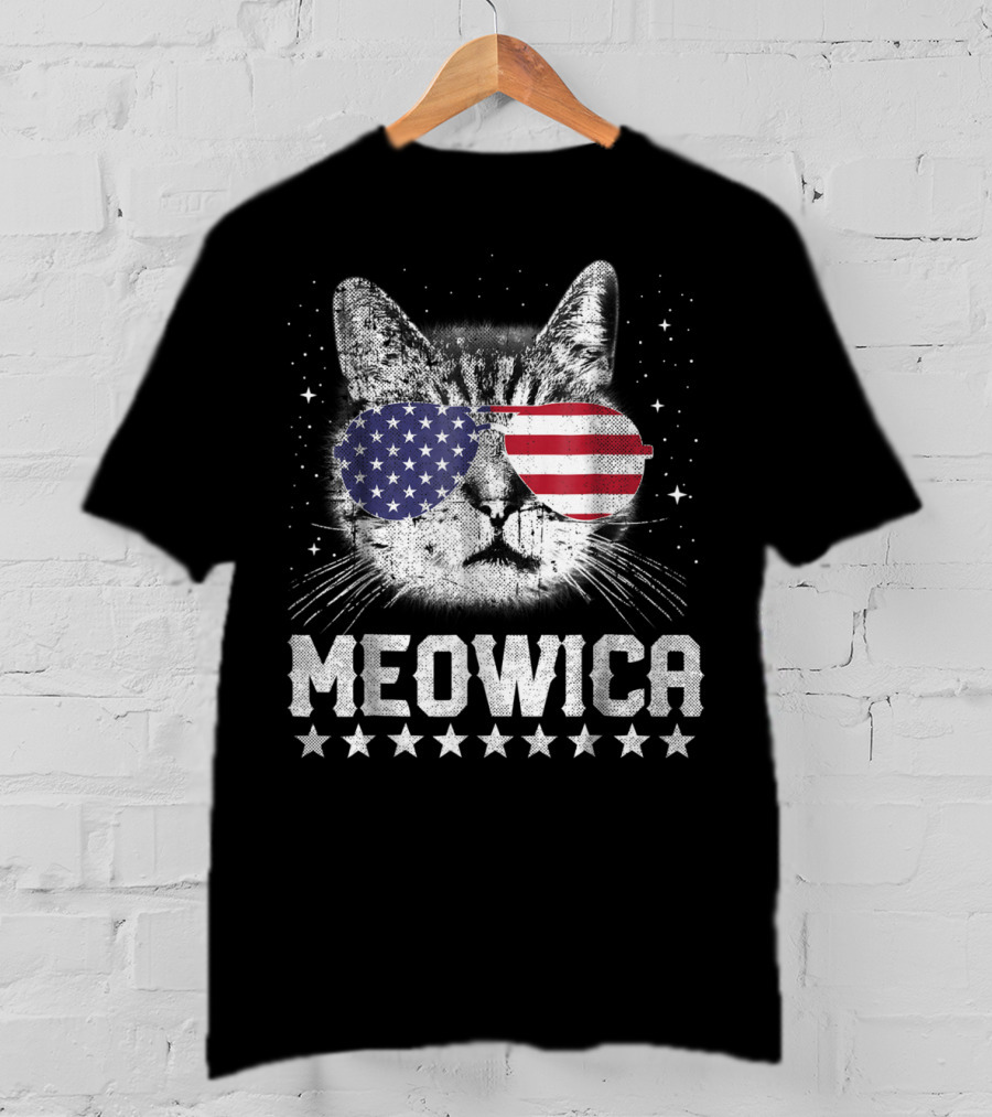 MEOWICA American Flag Cat With USA Sunglasses Stars T-Shirt
