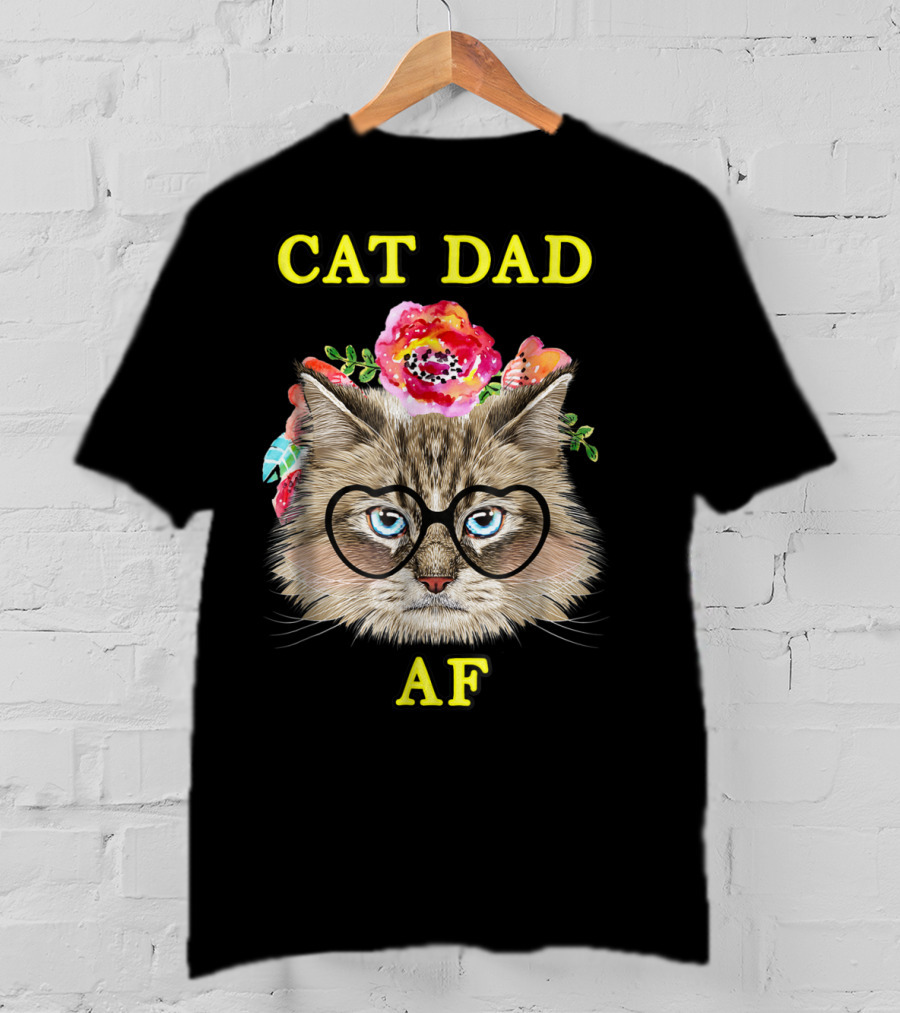 Funny Cat Dad AF With Floral Bouquet And Glasses T-Shirt