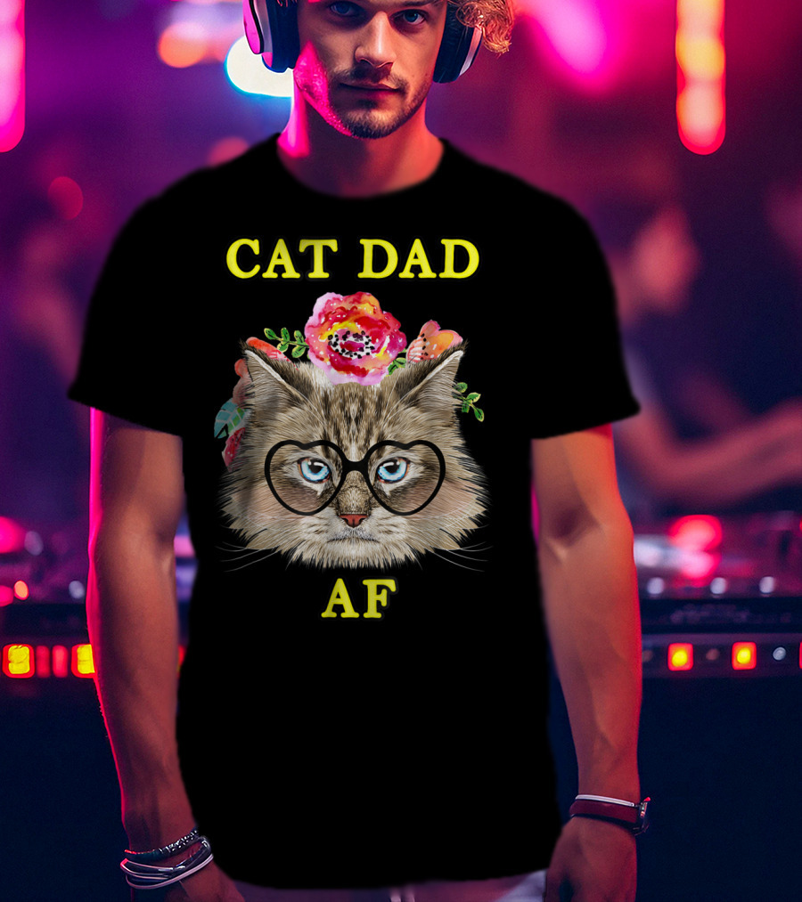 Funny Cat Dad AF With Floral Bouquet And Glasses T-Shirt