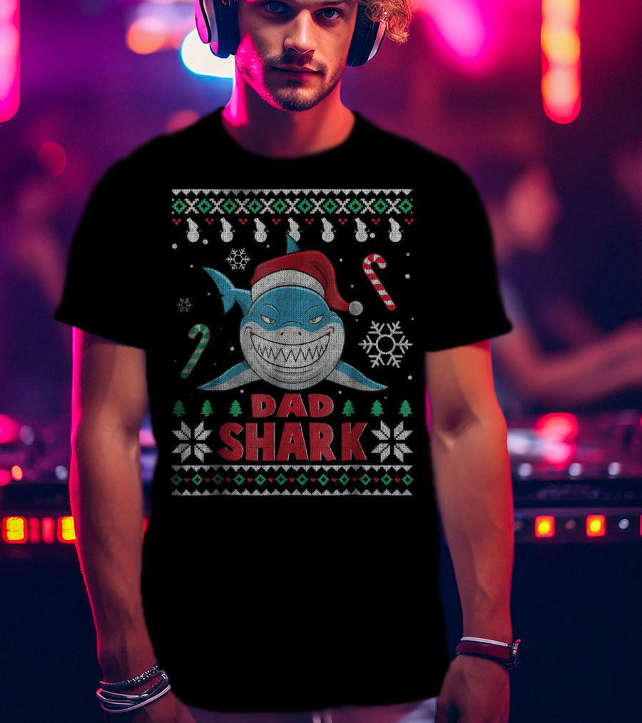 Dad Shark Ugly Christmas Sweater Santa Hat Candy Canes Snowflakes T-Shirt