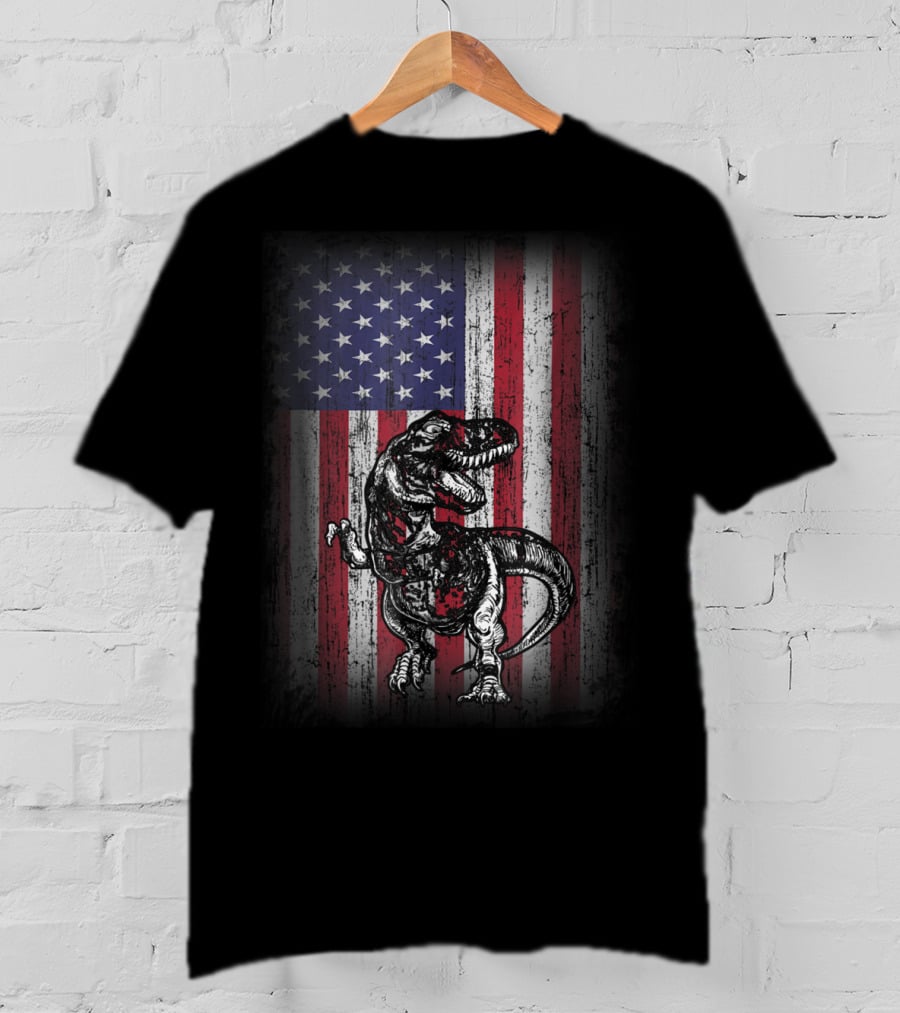 Dinosaur Rex Patriotic American Flag First Time Dad T-Shirt