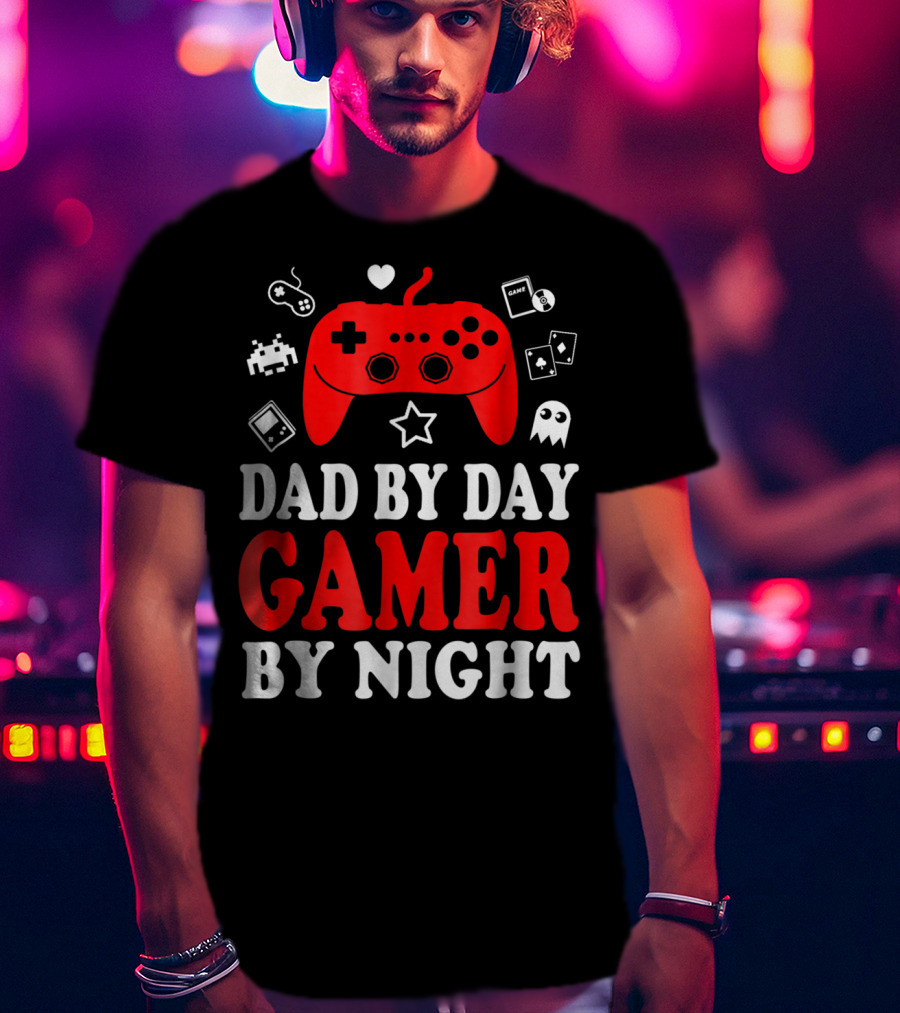 Dad By Day Gamer By Night Retro Controller And Icons T-Shirt