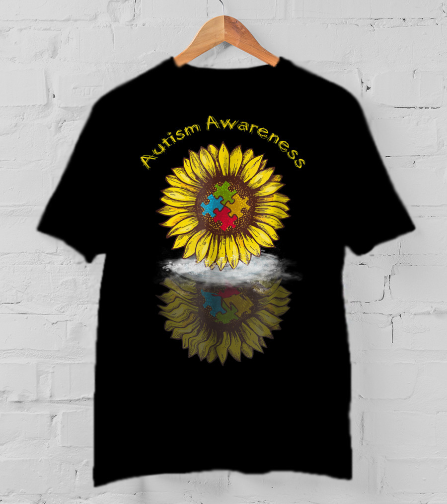Autism Awareness Sunflower With Puzzle Piece Reflection In Water T-Shirt