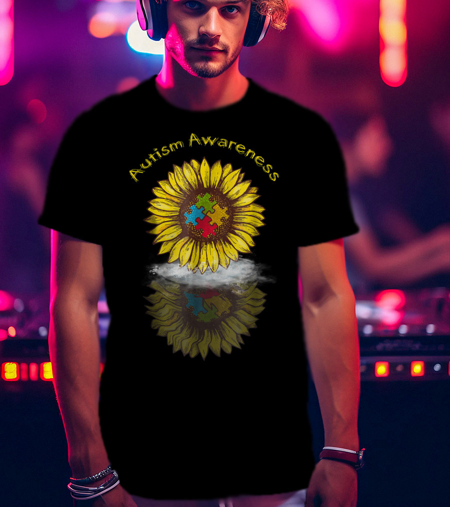 Autism Awareness Sunflower With Puzzle Piece Reflection In Water T-Shirt