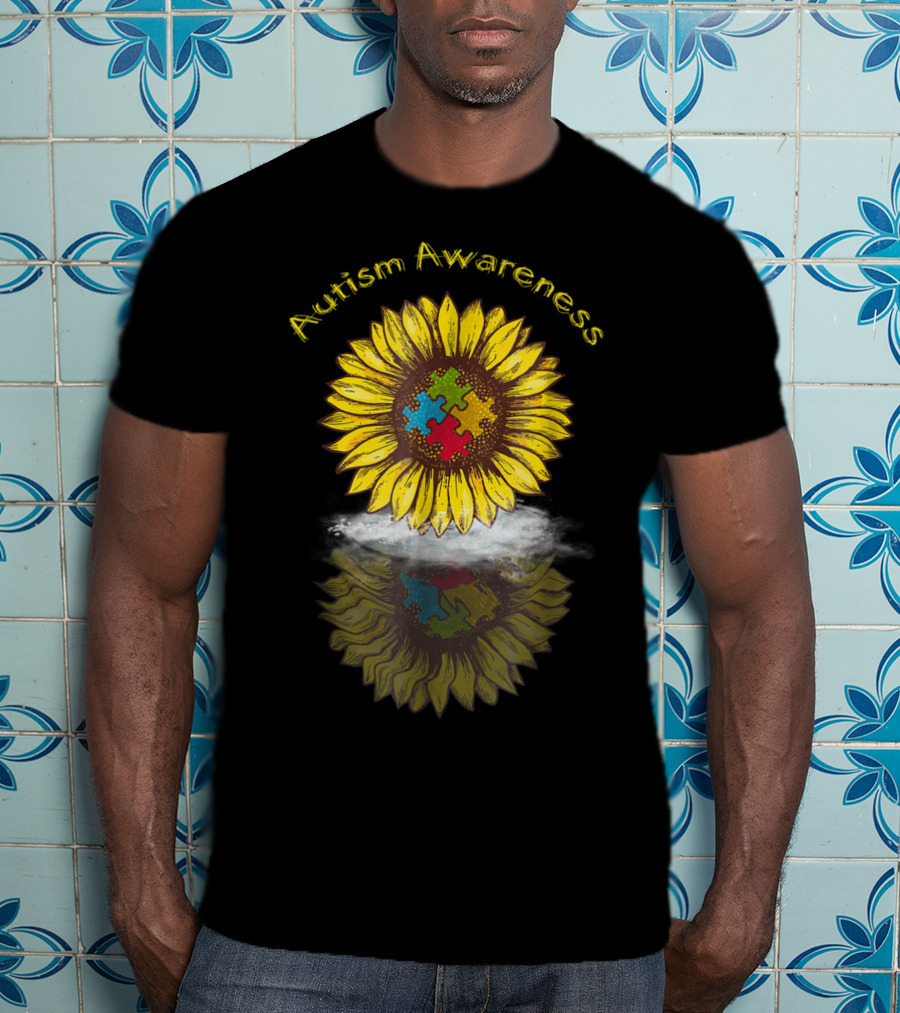 Autism Awareness Sunflower With Puzzle Piece Reflection In Water T-Shirt