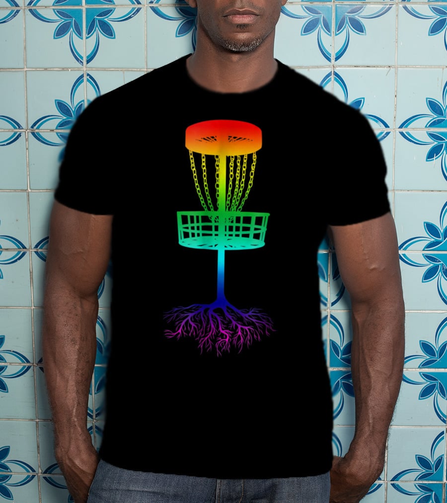 Rainbow Disc Golf Basket With Vibrant Roots T-Shirt