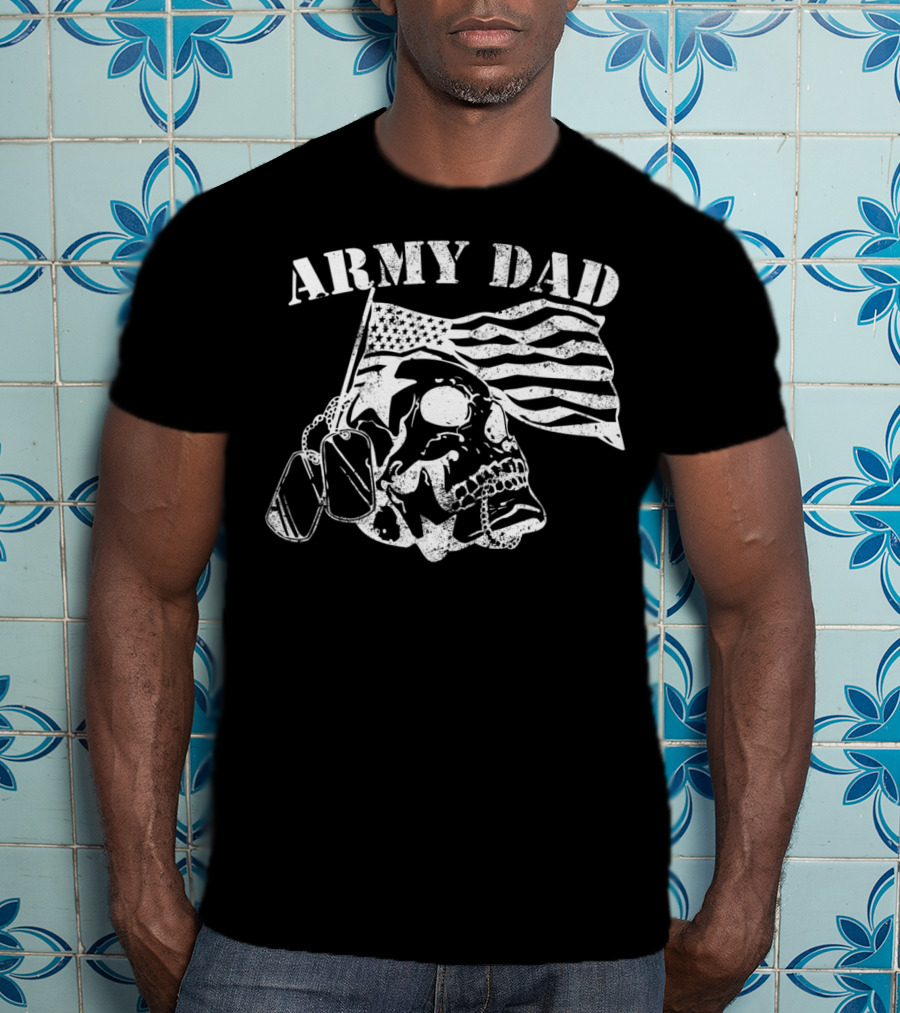 Army Dad Skull With American Flag And Dog Tags Veterans Pride T-Shirt