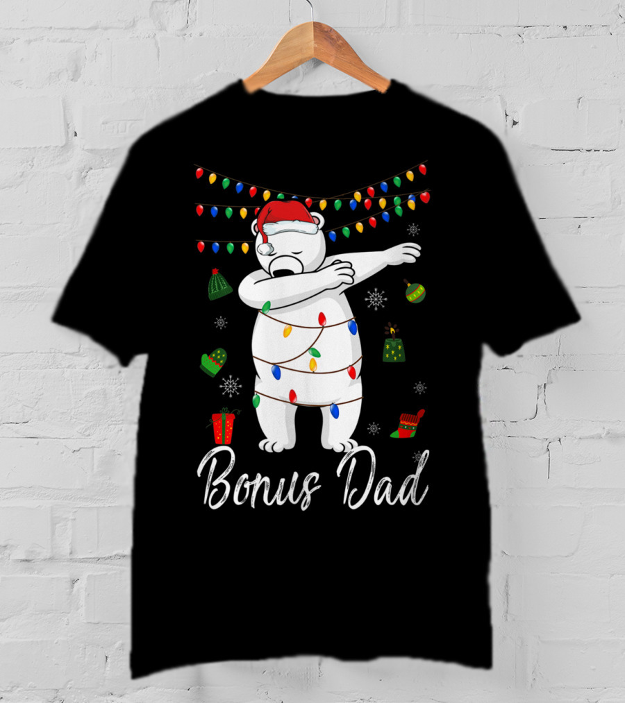 Bonus Dad Bear Christmas Lights Santa Hat Dabbing T-Shirt