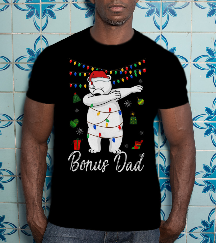 Bonus Dad Bear Christmas Lights Santa Hat Dabbing T-Shirt