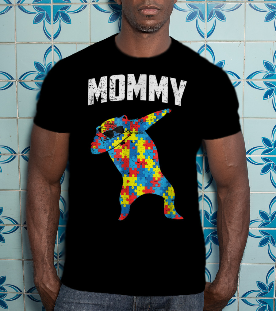Autism Puzzle Bear Dabbing Mommy Glasses T-Shirt