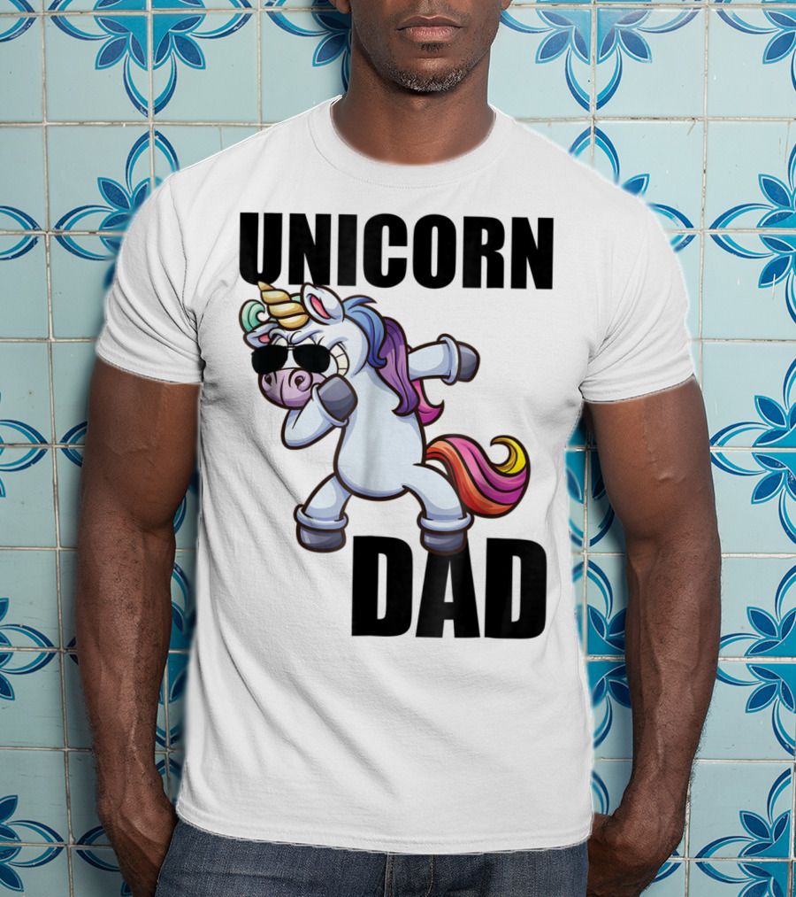 Unicorn Dad Dabbing With Sunglasses And Rainbow Mane T-Shirt