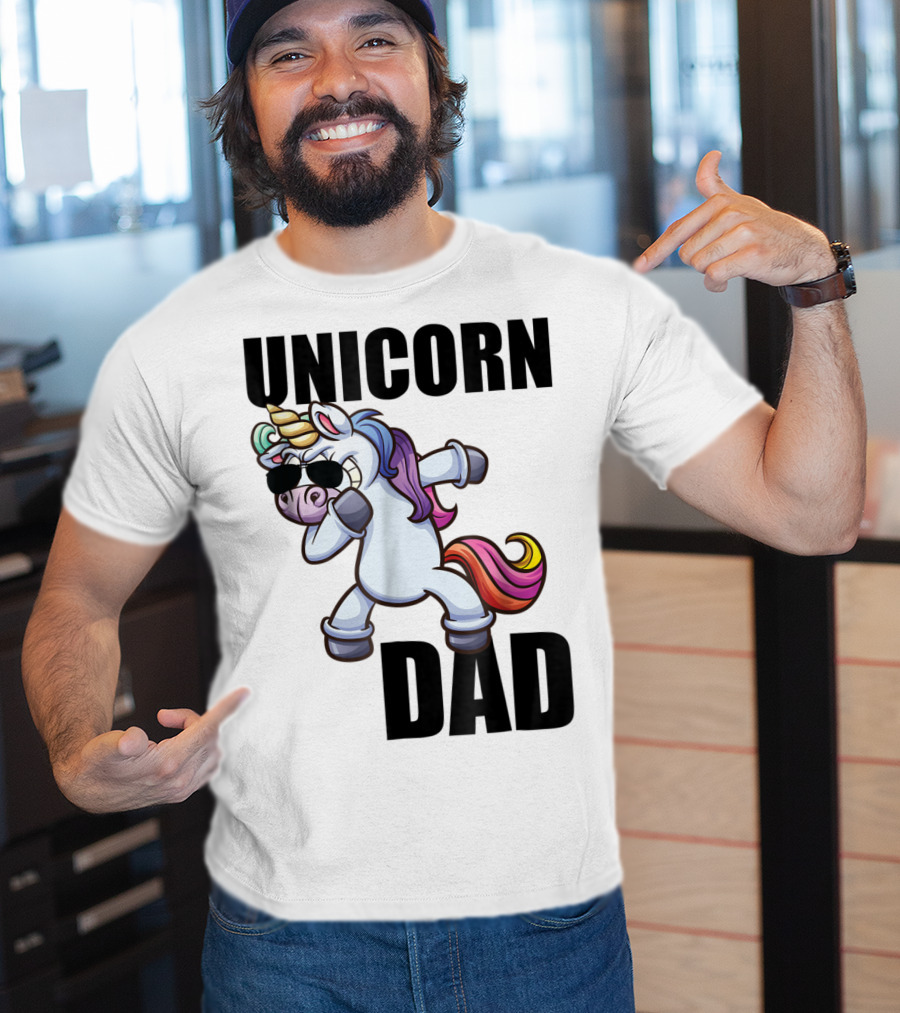 Unicorn Dad Dabbing With Sunglasses And Rainbow Mane T-Shirt