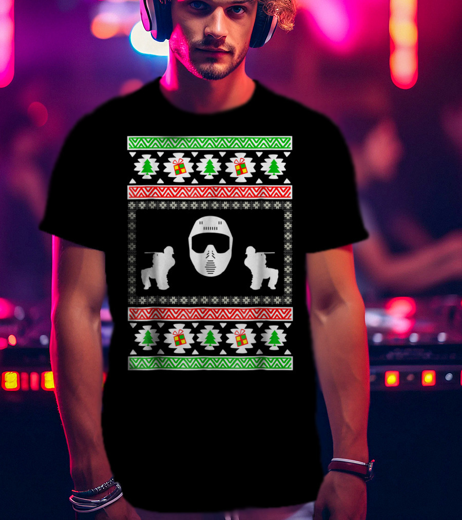Airsoft Player Ugly Christmas Mask Trees Gifts Merry Holiday T-Shirt