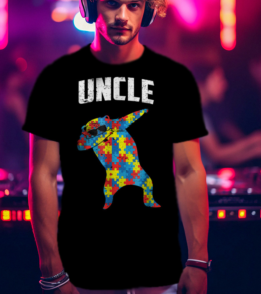 UNCLE Bear Dabbing Puzzle Glasses Autism Mom Dad T-Shirt