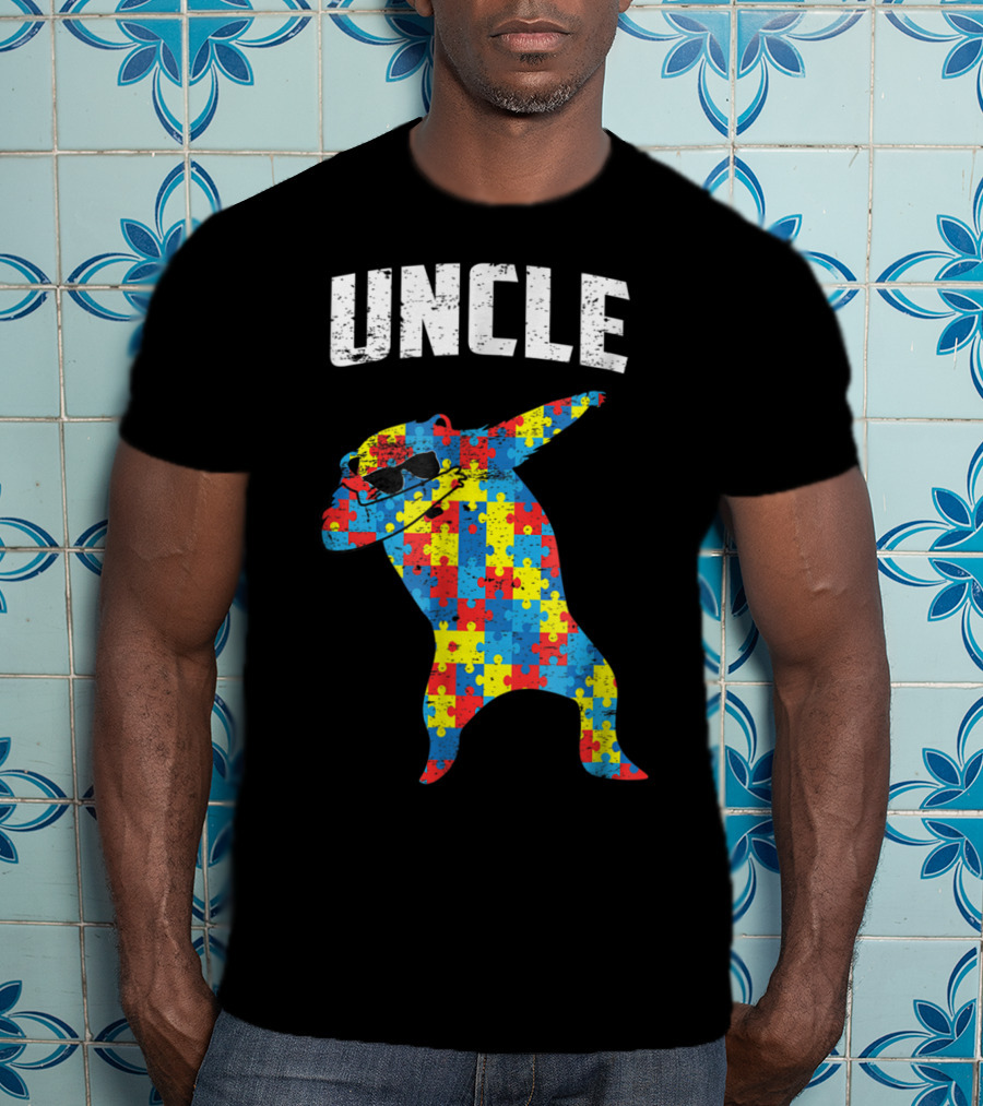 UNCLE Bear Dabbing Puzzle Glasses Autism Mom Dad T-Shirt