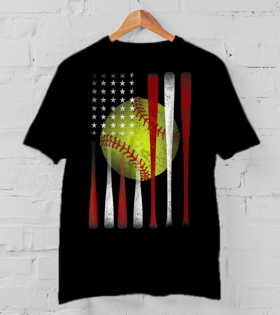 American Flag Softball Vintage Distressed US Flag Bat T-Shirt