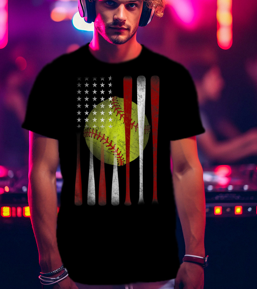 American Flag Softball Vintage Distressed US Flag Bat T-Shirt
