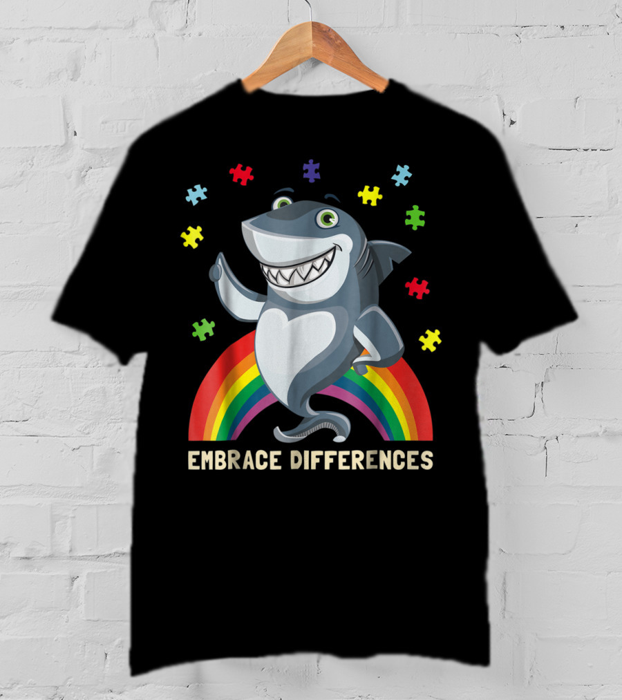 Embrace Differences Autism Awareness Kids Dad Shark Puzzle Piece Rainbow T-Shirt