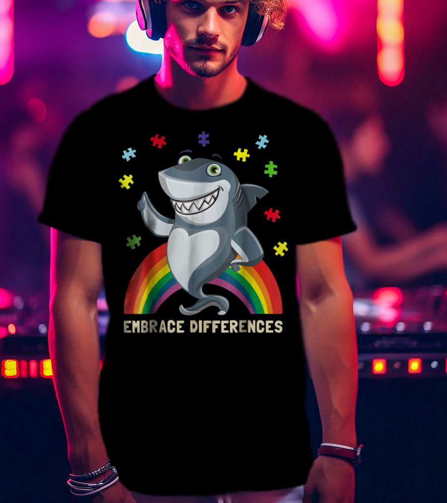 Embrace Differences Autism Awareness Kids Dad Shark Puzzle Piece Rainbow T-Shirt