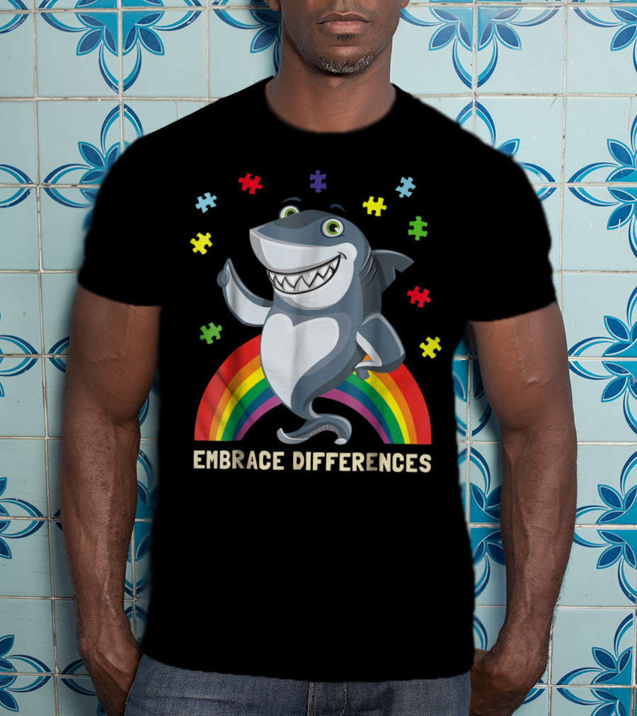 Embrace Differences Autism Awareness Kids Dad Shark Puzzle Piece Rainbow T-Shirt