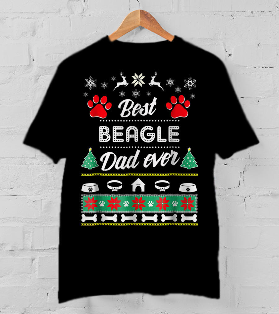 Best Beagle Dad Ever Christmas Paw Prints Dog House Reindeer Snowflakes Bones T-Shirt