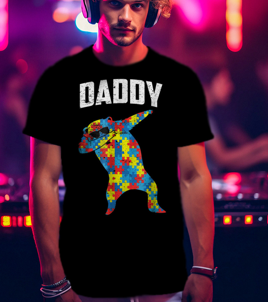 Daddy Bear Autism Puzzle Pattern Dabbing Glasses T-Shirt