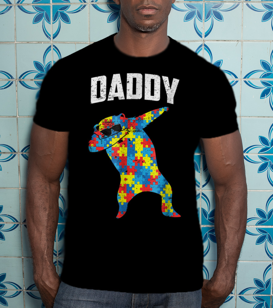 Daddy Bear Autism Puzzle Pattern Dabbing Glasses T-Shirt